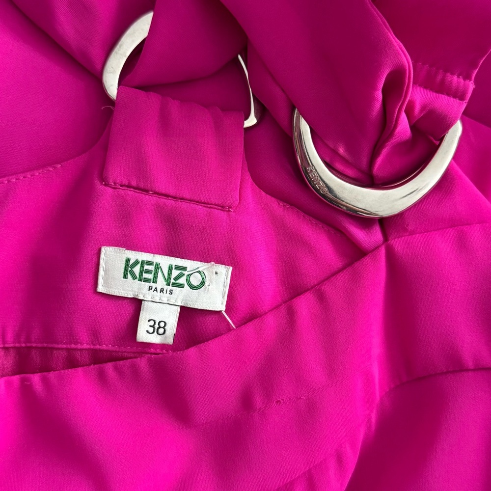Vintage Kenzo Paris Pleated Flowy Drop Waist Magenta Midi Dress 38 - Picture 16 of 17